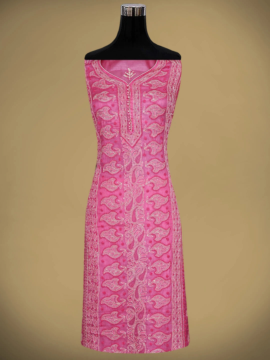 Ada Hand Embroidered Pink Silk Lucknowi Chikankari Semi-stitched Suit Piece with Muqaish Work 01A913102