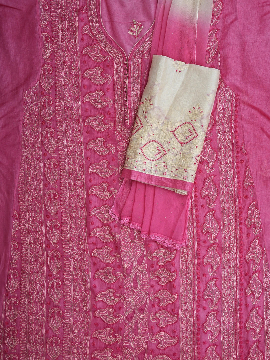 Ada Hand Embroidered Pink Silk Lucknowi Chikankari Semi-stitched Suit Piece with Muqaish Work 01A913102