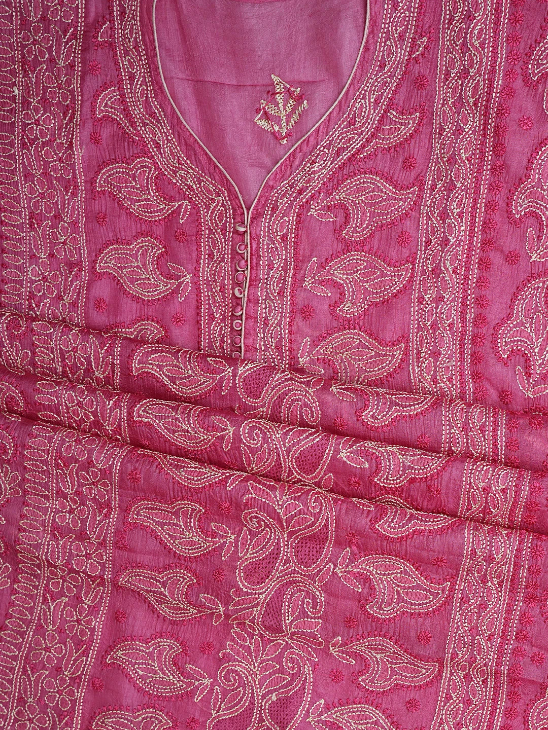 Ada Hand Embroidered Pink Silk Lucknowi Chikankari Semi-stitched Suit Piece with Muqaish Work 01A913102