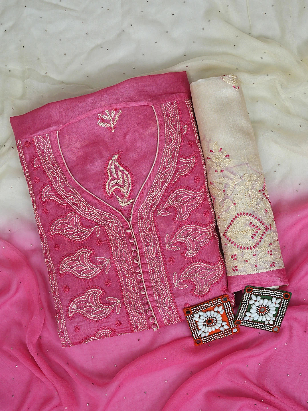 Ada Hand Embroidered Pink Silk Lucknowi Chikankari Semi-stitched Suit Piece with Muqaish Work 01A913102