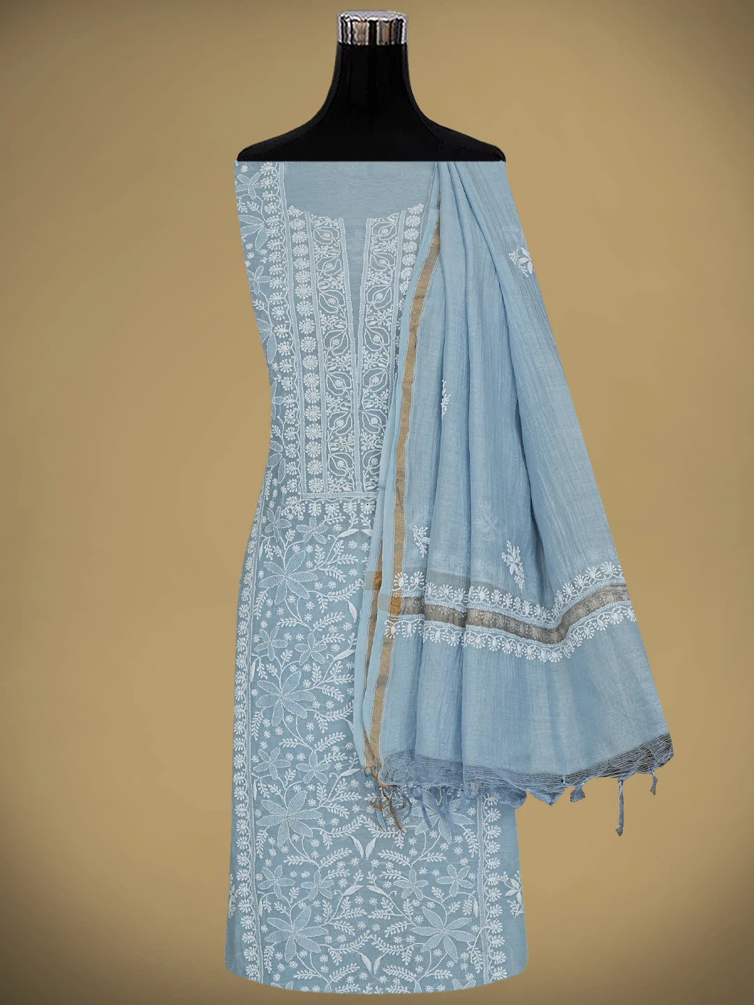 Ada Hand Embroidered Baby Blue Chanderi Lucknowi Chikankari Unstitched Kurta Dupatta Set 01A779501