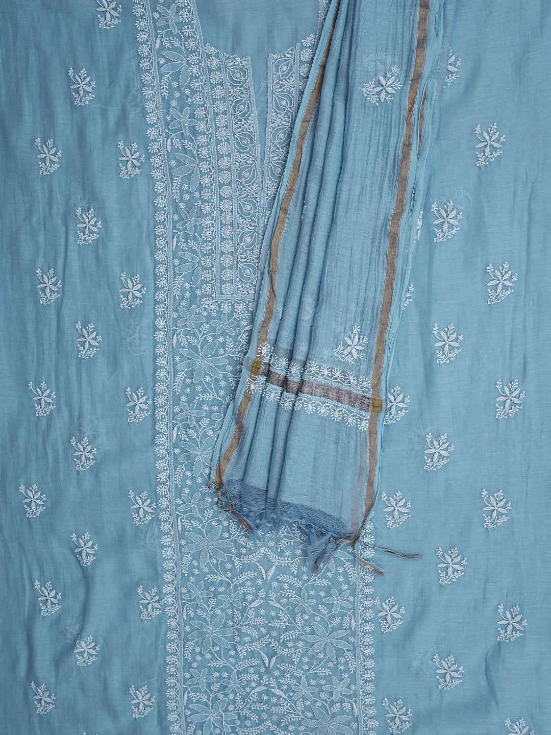 Ada Hand Embroidered Baby Blue Chanderi Lucknowi Chikankari Unstitched Kurta Dupatta Set 01A779501