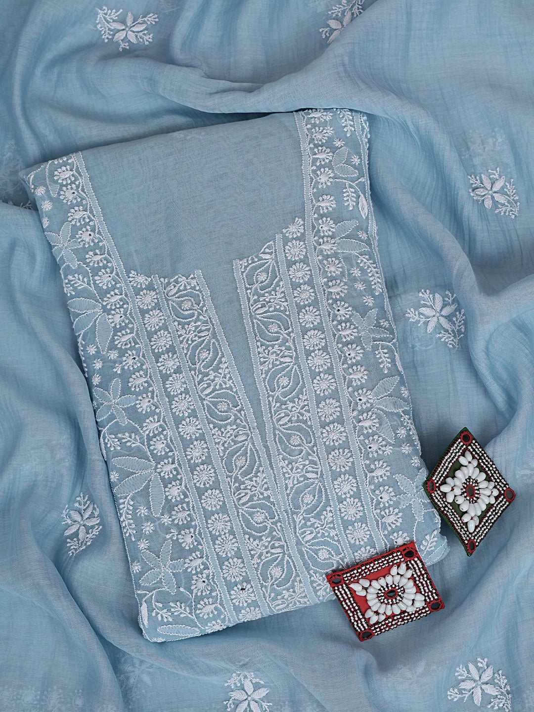 Ada Hand Embroidered Baby Blue Chanderi Lucknowi Chikankari Unstitched Kurta Dupatta Set 01A779501