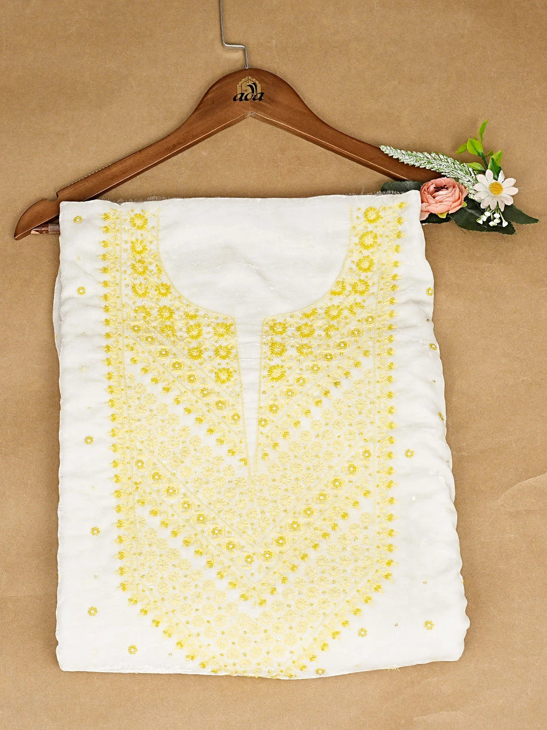 Ada Hand Embroidered White Velvet Lucknowi Chikankari Unstitched  Kurta Piece With Cutdana Work 01A340270