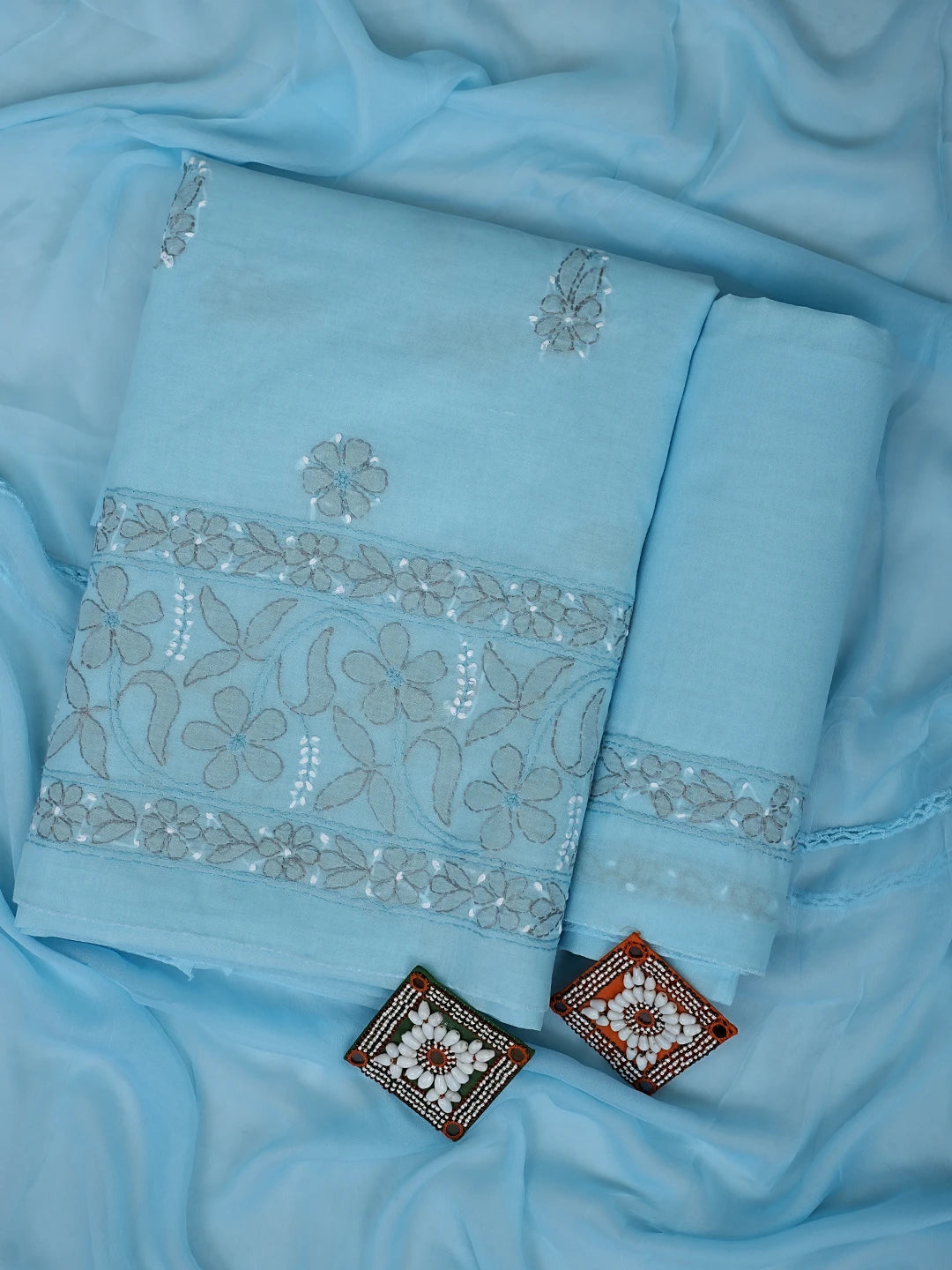 Ada Hand Embroidered Blue Cotton Lucknowi Chikankari Unstitched Suit Piece 01A879491