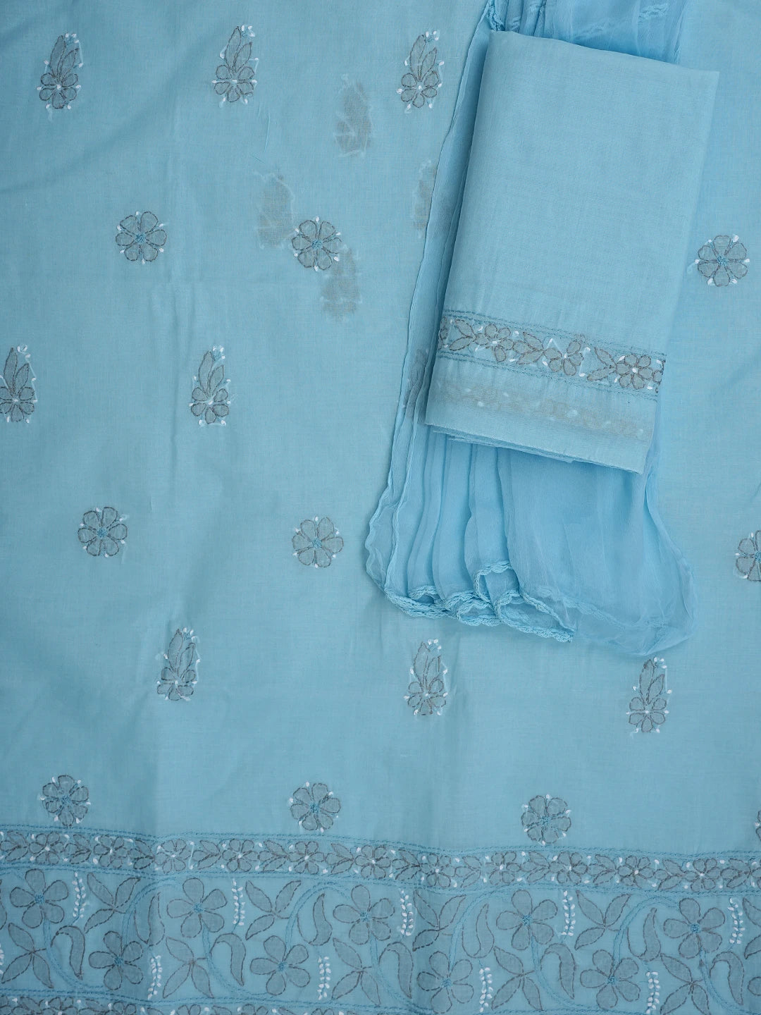 Ada Hand Embroidered Blue Cotton Lucknowi Chikankari Unstitched Suit Piece 01A879491