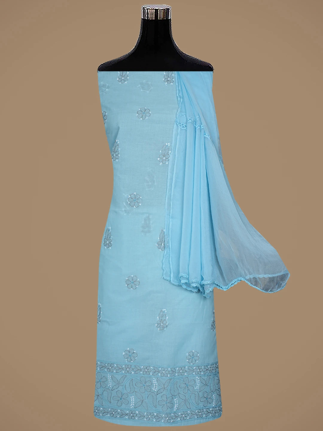 Ada Hand Embroidered Blue Cotton Lucknowi Chikankari Unstitched Suit Piece 01A879491