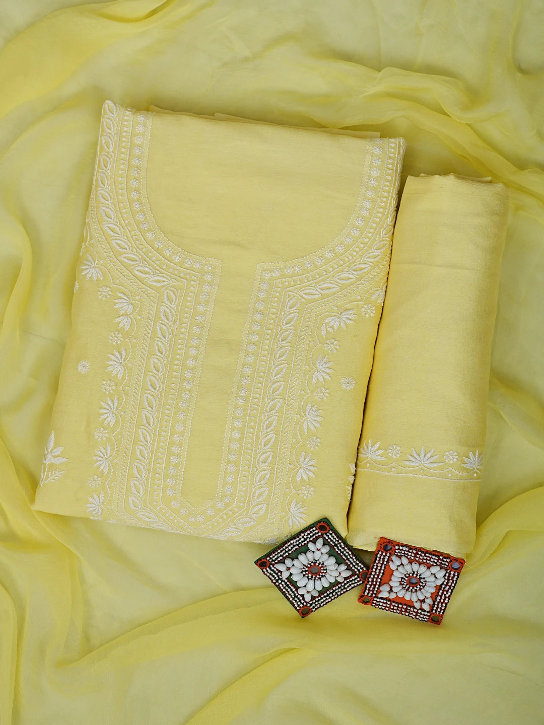 Ada Hand Embroidered Lemon Chanderi Lucknowi Chikankari Unstitched Suit Piece 01A805666