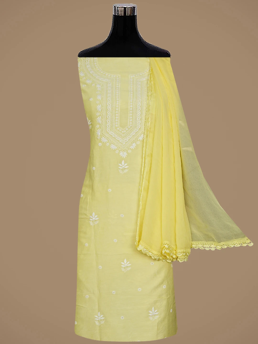 Ada Hand Embroidered Lemon Chanderi Lucknowi Chikankari Unstitched Suit Piece 01A805666