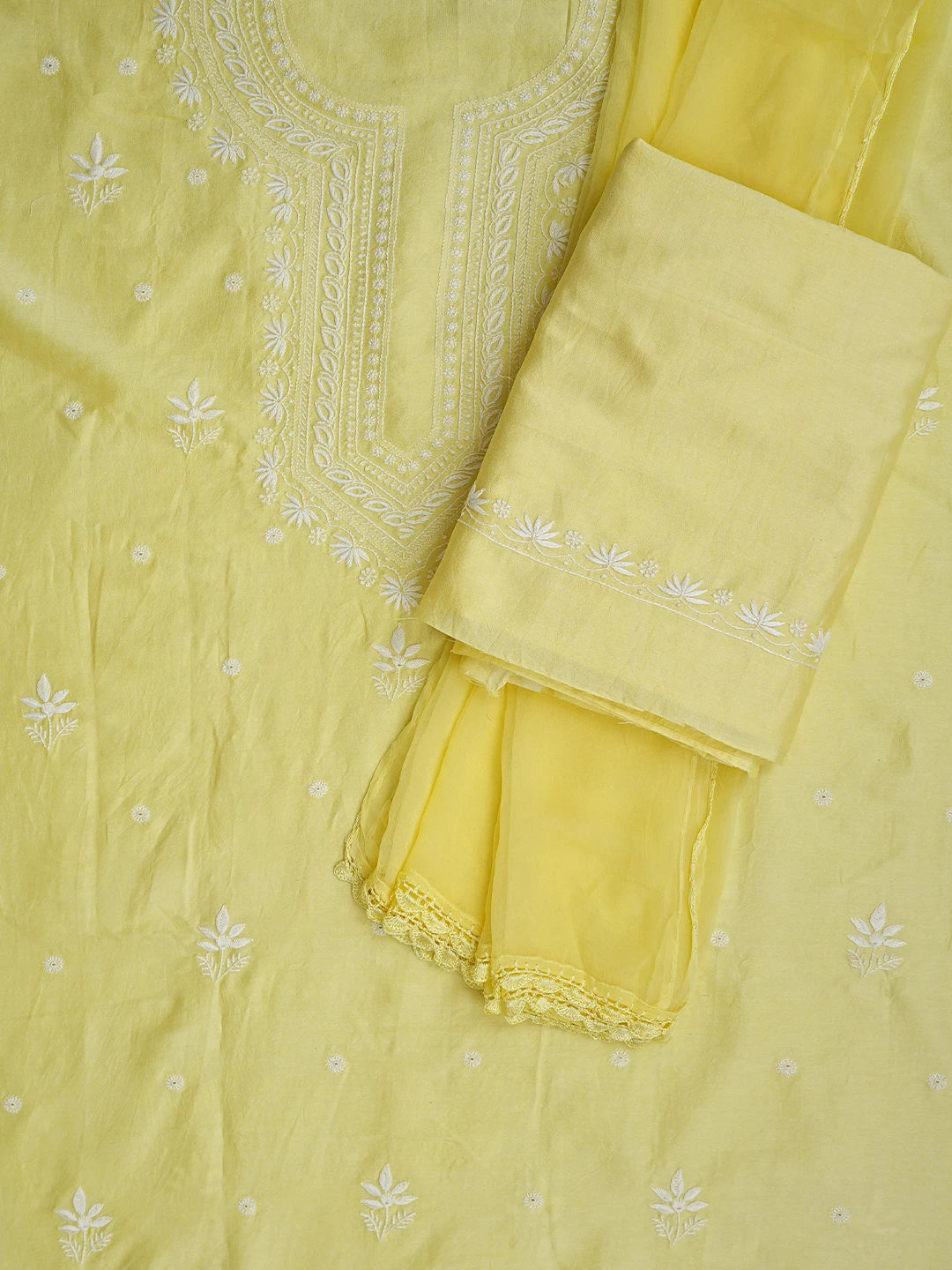 Ada Hand Embroidered Lemon Chanderi Lucknowi Chikankari Unstitched Suit Piece 01A805666