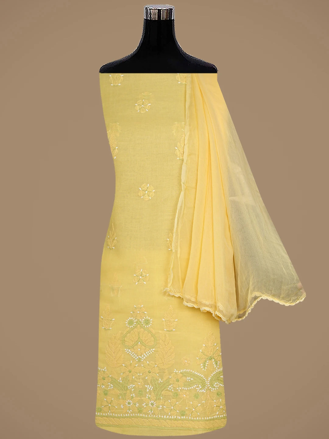 Ada Hand Embroidered Yellow Cotton Lucknowi Chikankari Unstitched Suit Piece 01A882468