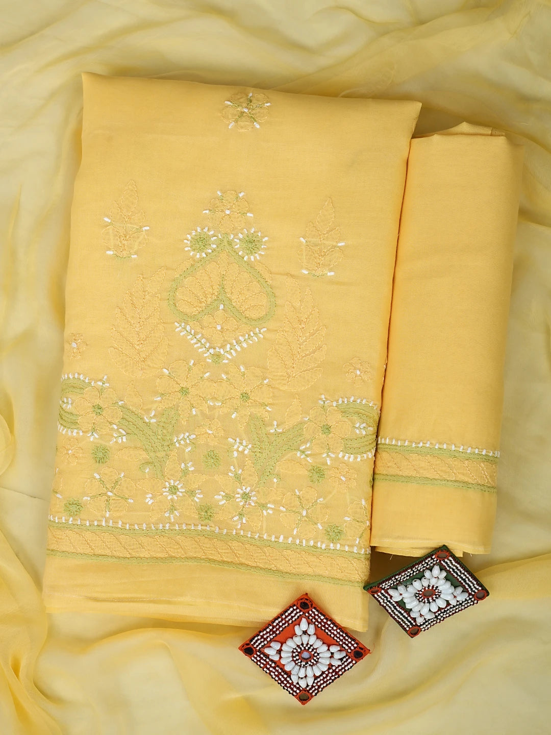 Ada Hand Embroidered Yellow Cotton Lucknowi Chikankari Unstitched Suit Piece 01A882468