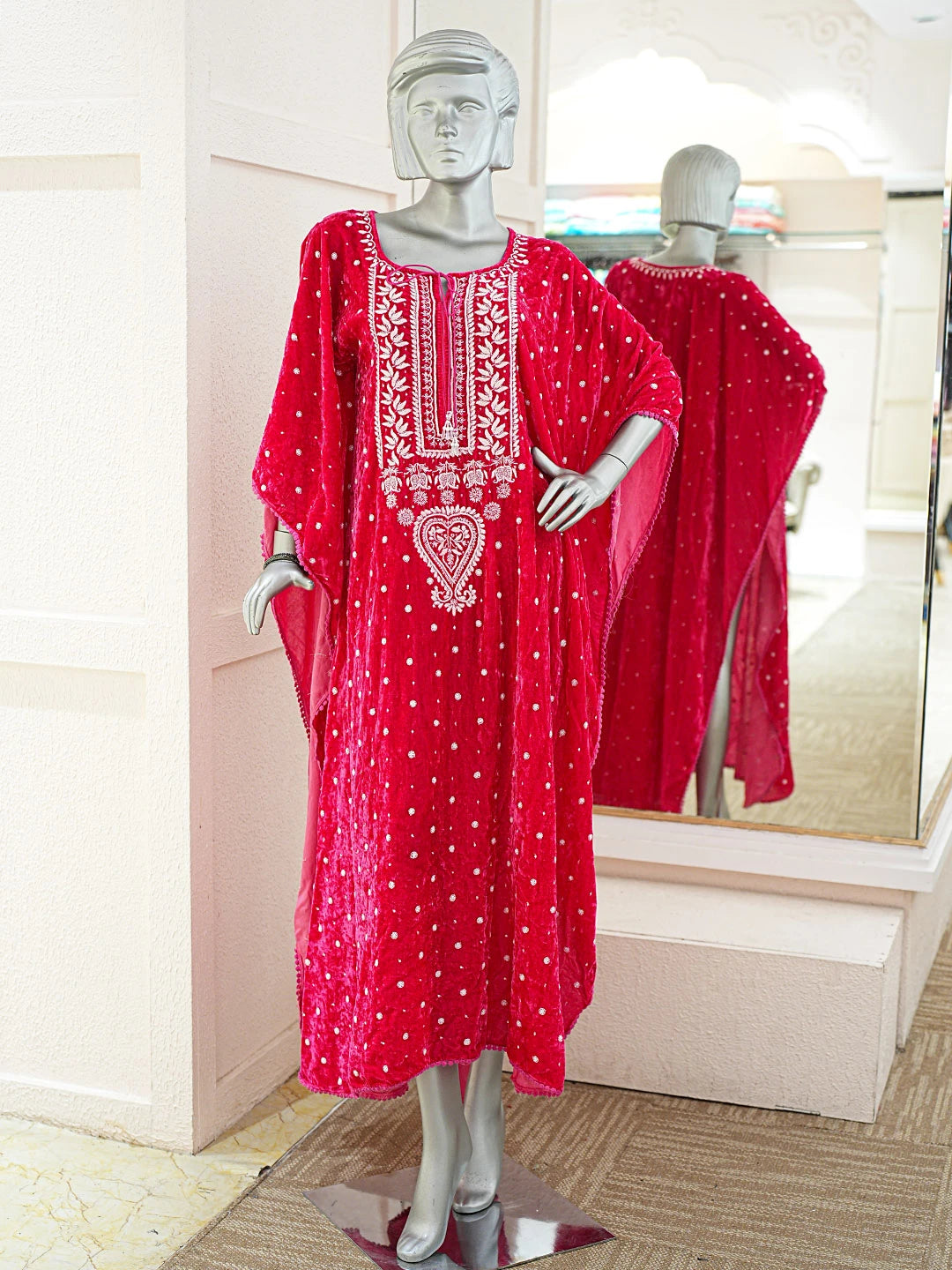 Ada Hand Embroidered Magenta Velvet Lucknowi Chikankari Semi-stitched Kaftan With Cutdana Work 01A913031