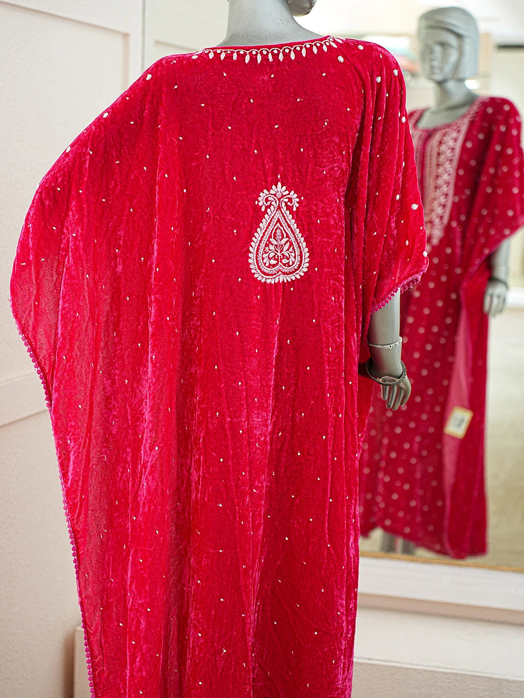 Ada Hand Embroidered Magenta Velvet Lucknowi Chikankari Semi-stitched Kaftan With Cutdana Work 01A913031