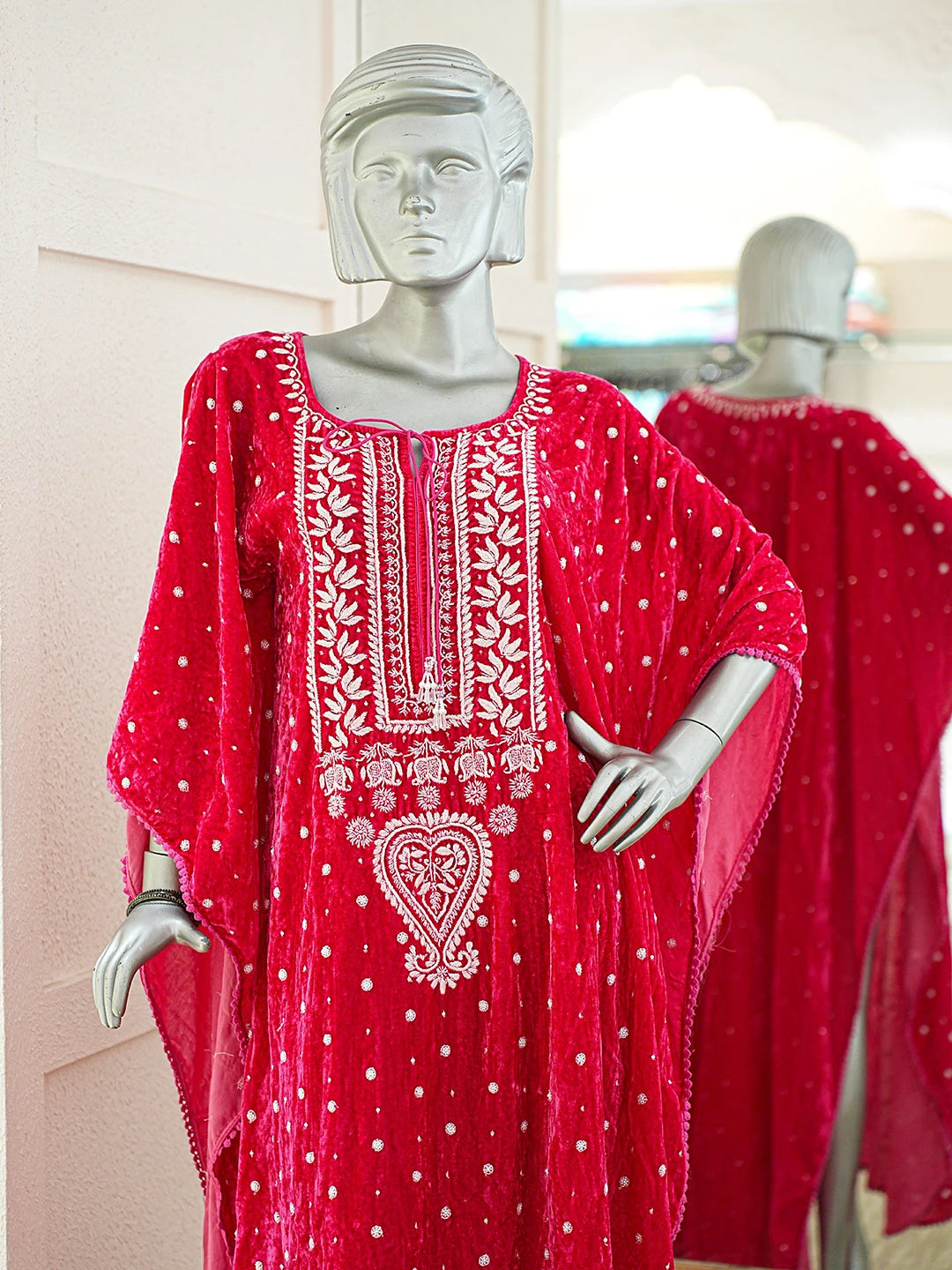 Ada Hand Embroidered Magenta Velvet Lucknowi Chikankari Semi-stitched Kaftan With Cutdana Work 01A913031