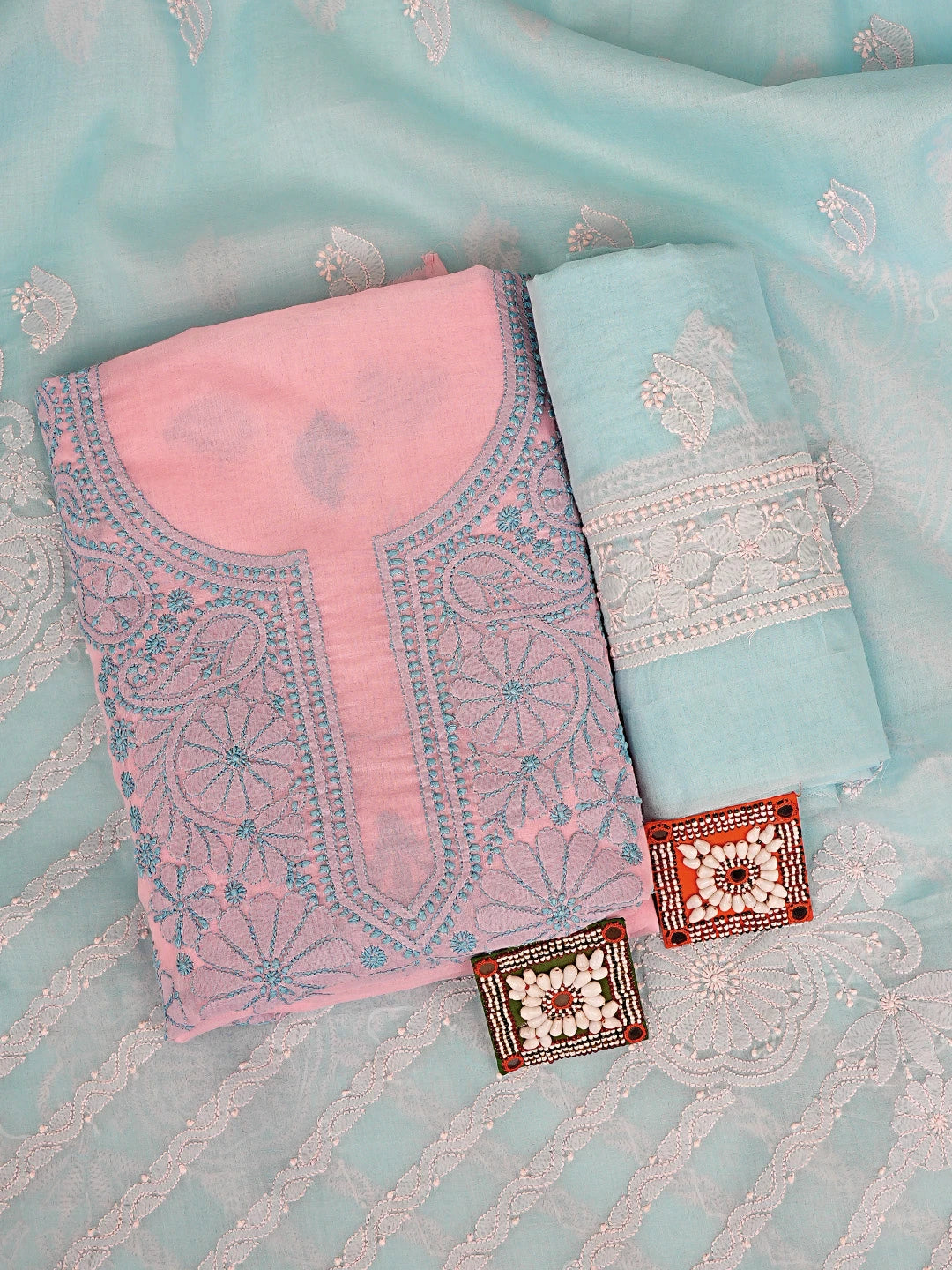 Ada Hand Embroidered Pink Cotton Lucknowi Chikankari Unstitched Suit Piece 01A914949