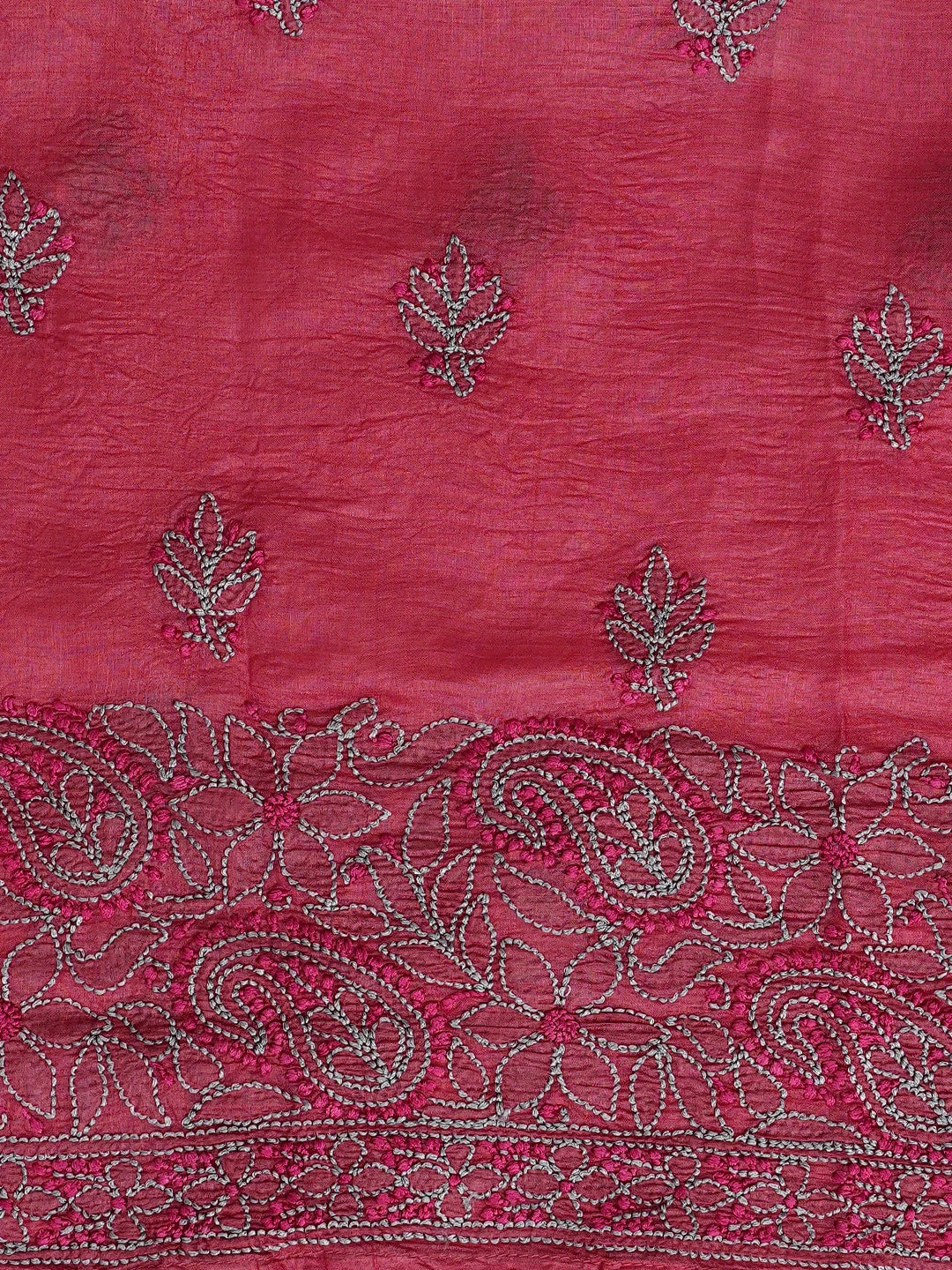 Ada Hand Embroidered Carrot Pink Silk Lucknowi Chikankari Semi-stitched Suit Piece With Muqaish Work 01A913086
