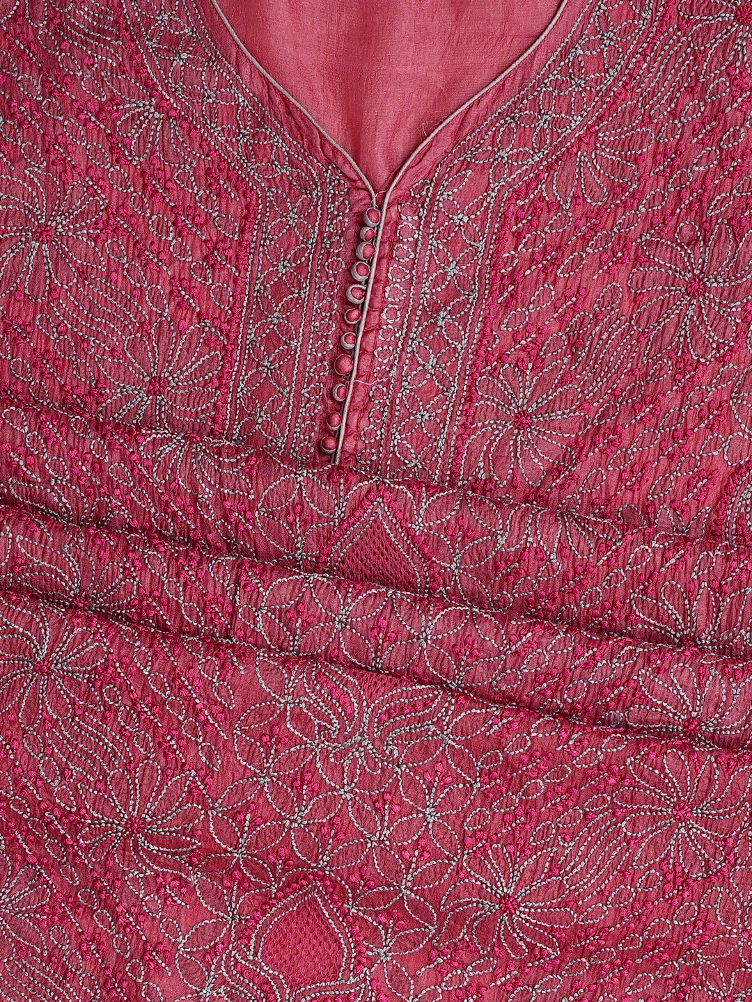 Ada Hand Embroidered Carrot Pink Silk Lucknowi Chikankari Semi-stitched Suit Piece With Muqaish Work 01A913086
