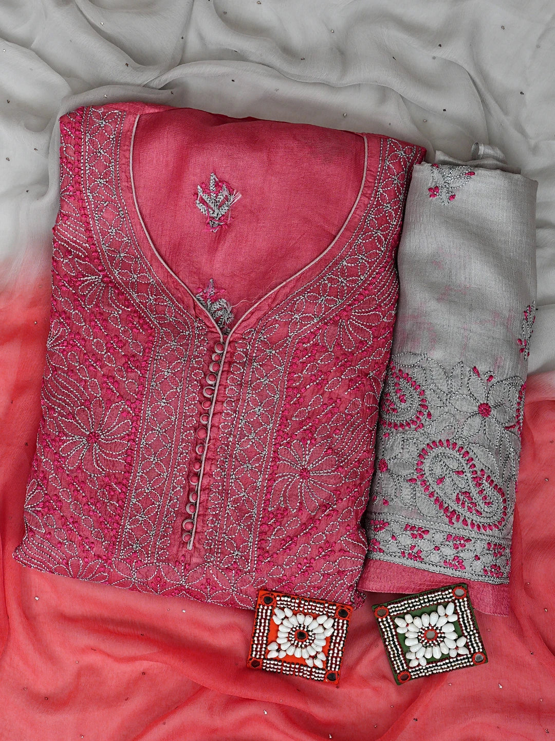Ada Hand Embroidered Carrot Pink Silk Lucknowi Chikankari Semi-stitched Suit Piece With Muqaish Work 01A913086