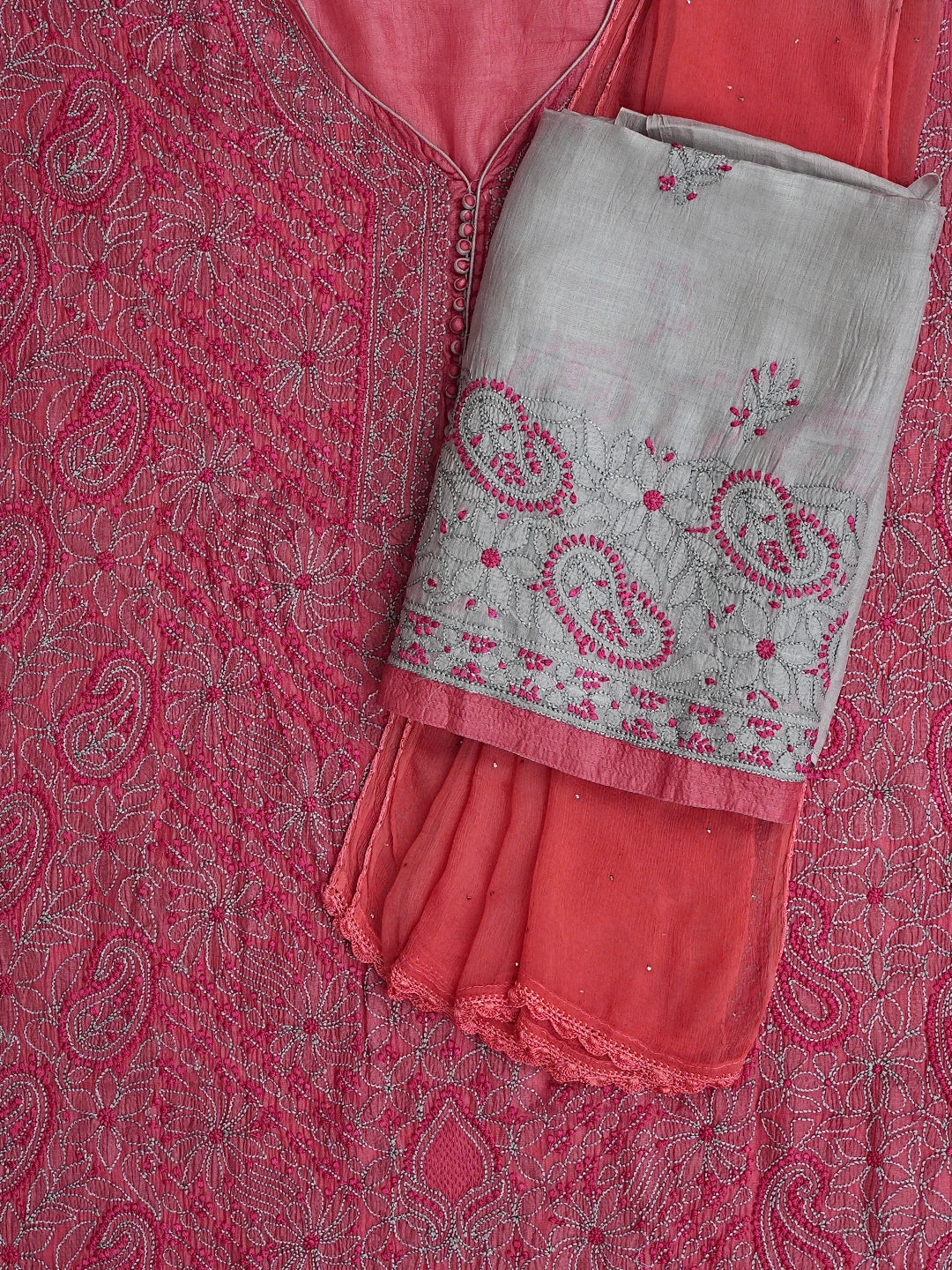 Ada Hand Embroidered Carrot Pink Silk Lucknowi Chikankari Semi-stitched Suit Piece With Muqaish Work 01A913086
