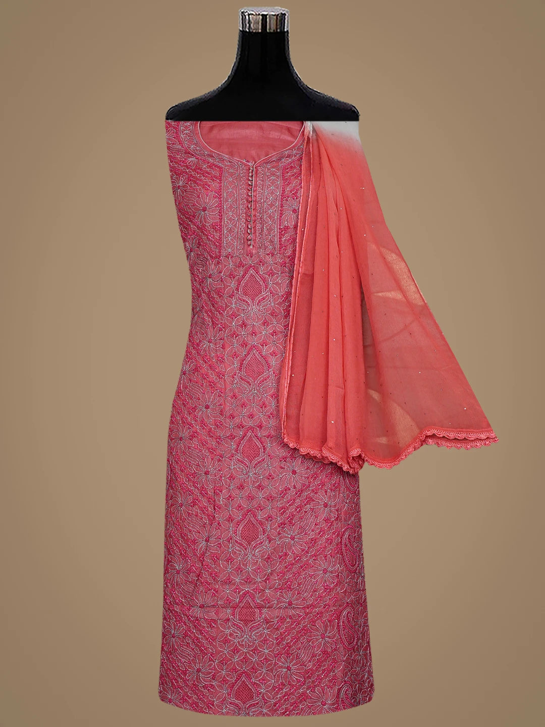 Ada Hand Embroidered Carrot Pink Silk Lucknowi Chikankari Semi-stitched Suit Piece With Muqaish Work 01A913086