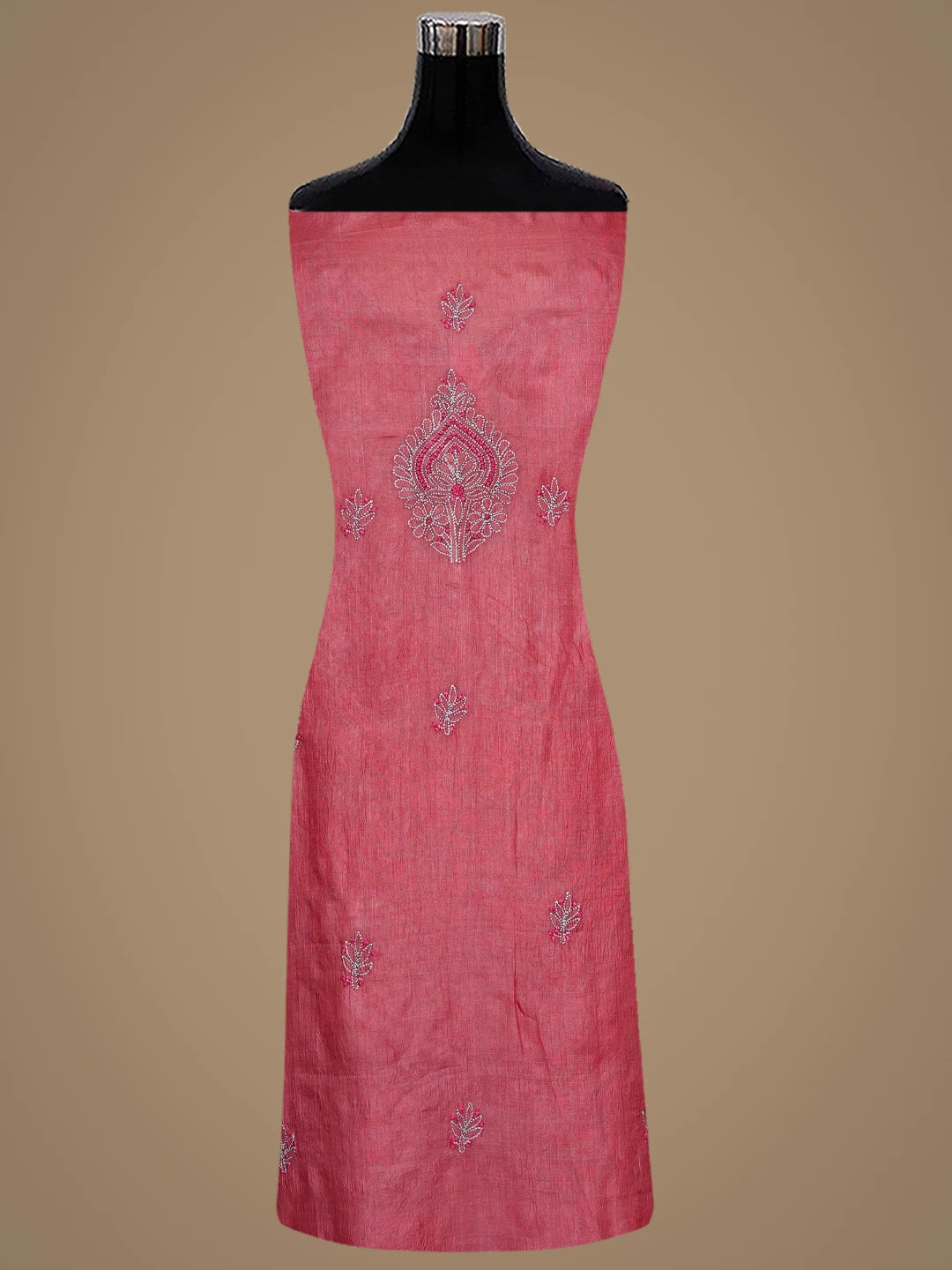 Ada Hand Embroidered Carrot Pink Silk Lucknowi Chikankari Semi-stitched Suit Piece With Muqaish Work 01A913086