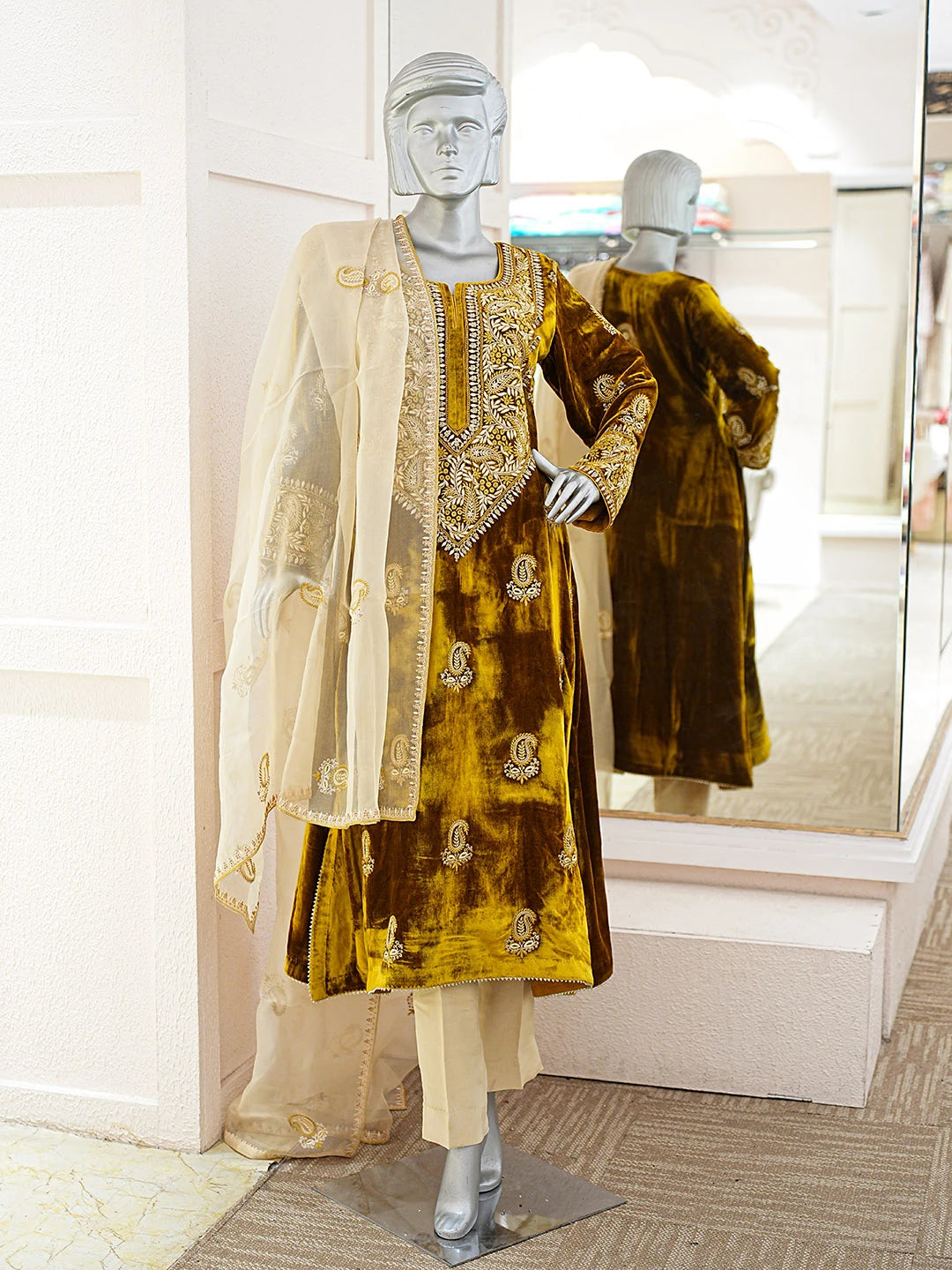 Ada Hand Embroidered Mustard Velvet Lucknowi Chikankari Semi-stitched  Suit Piece With Cutdana Work 01A727139