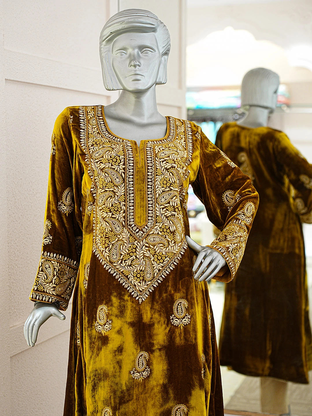 Ada Hand Embroidered Mustard Velvet Lucknowi Chikankari Semi-stitched  Suit Piece With Cutdana Work 01A727139