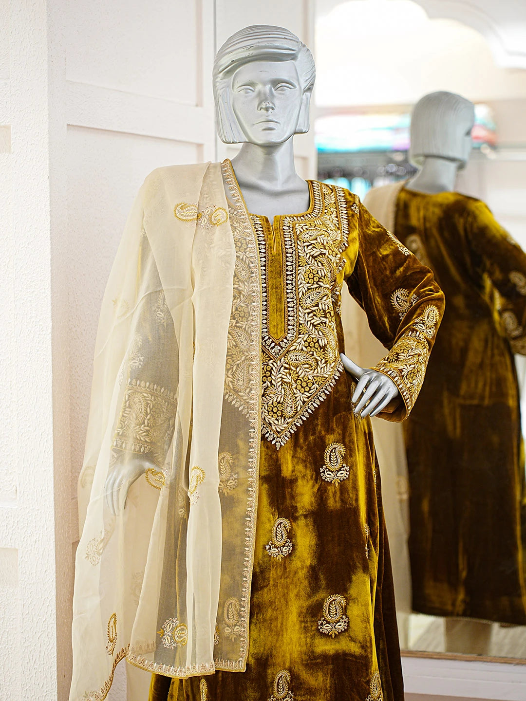 Ada Hand Embroidered Mustard Velvet Lucknowi Chikankari Semi-stitched  Suit Piece With Cutdana Work 01A727139