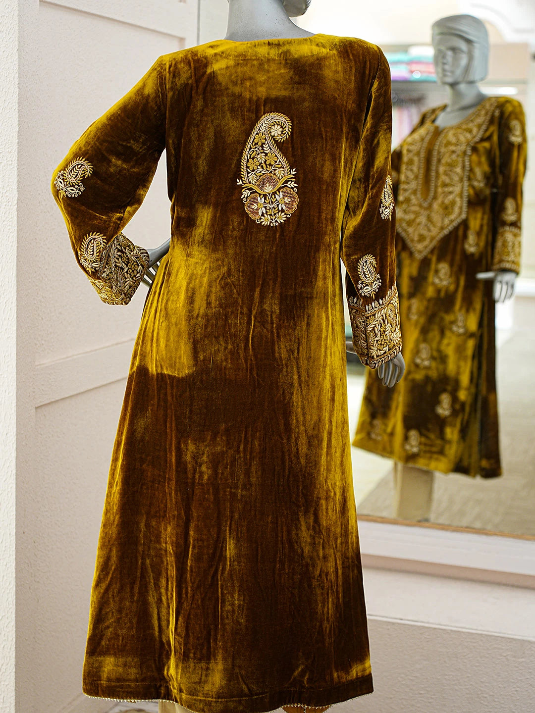 Ada Hand Embroidered Mustard Velvet Lucknowi Chikankari Semi-stitched  Suit Piece With Cutdana Work 01A727139