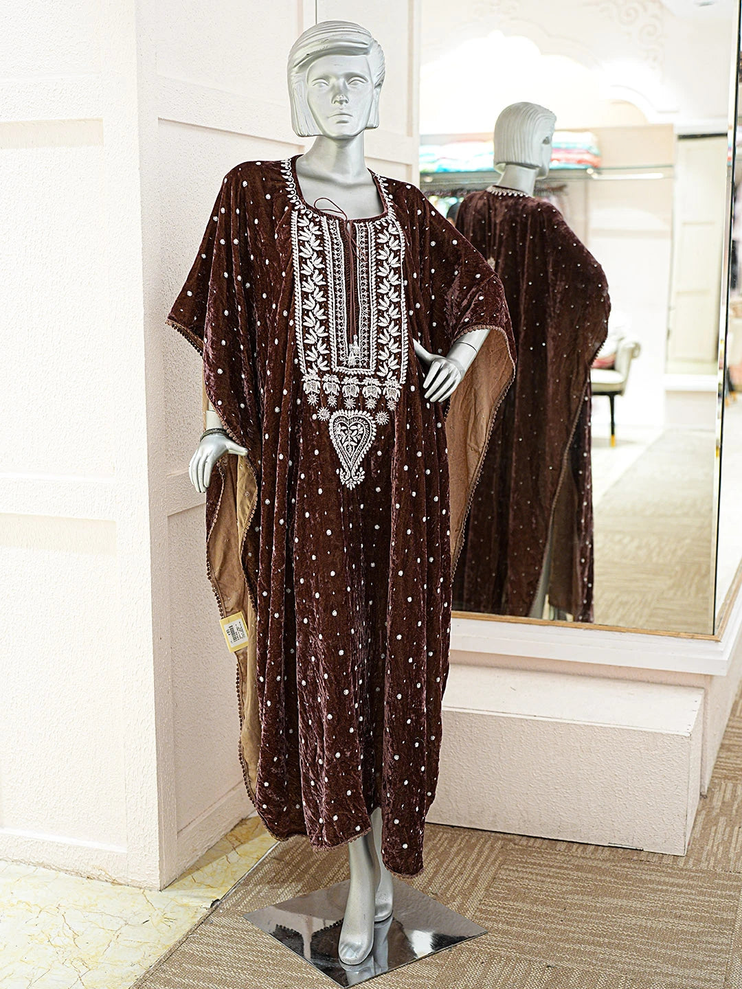 Ada Hand Embroidered Brown Velvet Lucknowi Chikankari Semi-stitched  Kaftan With Cutdana Work 01A913034