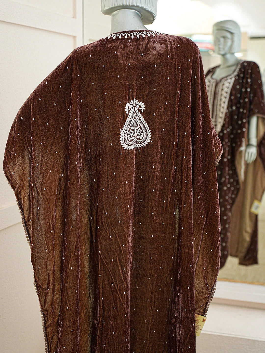 Ada Hand Embroidered Brown Velvet Lucknowi Chikankari Semi-stitched  Kaftan With Cutdana Work 01A913034