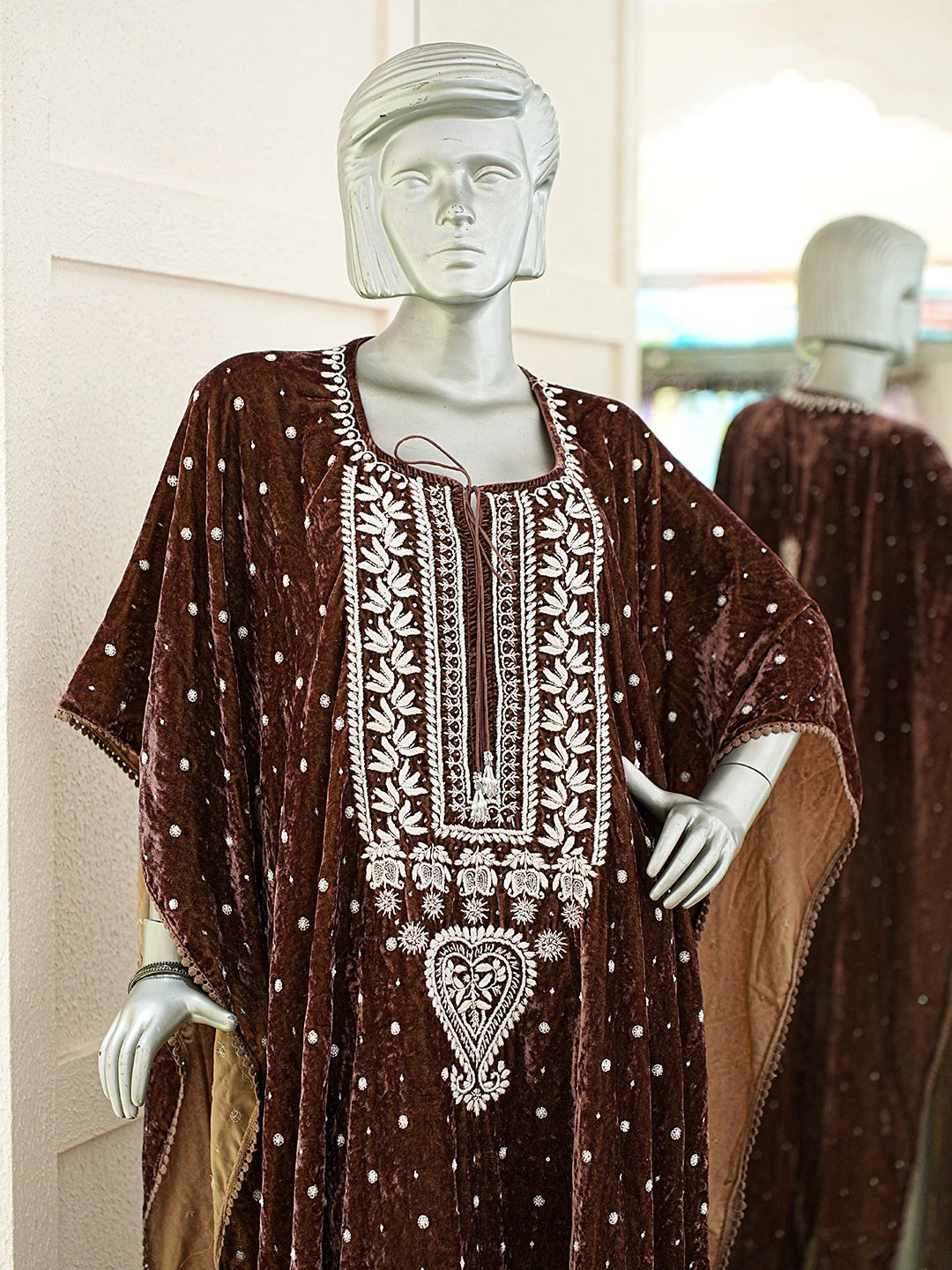 Ada Hand Embroidered Brown Velvet Lucknowi Chikankari Semi-stitched  Kaftan With Cutdana Work 01A913034