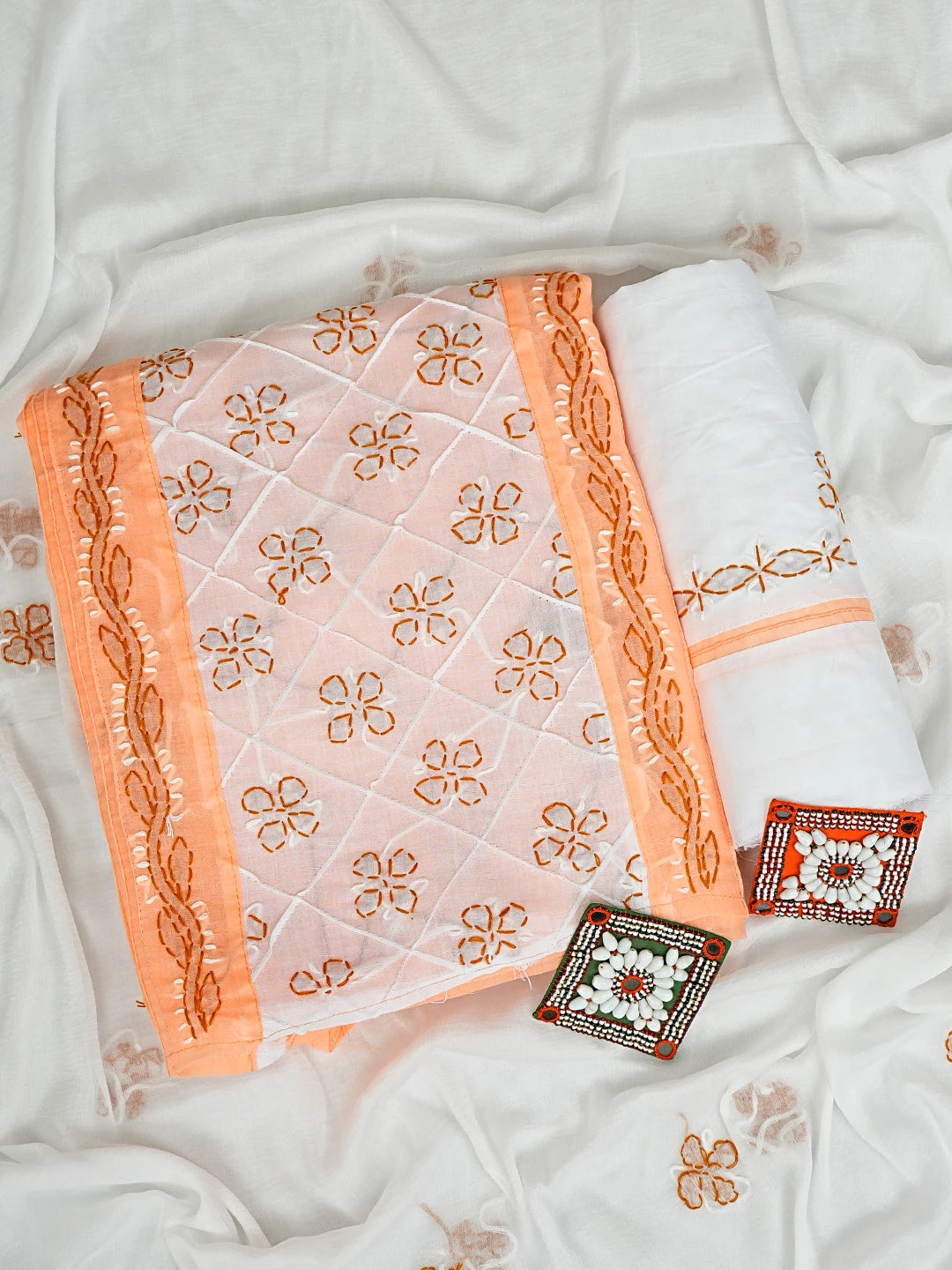 Ada Hand Embroidered Peach Cotton Lucknowi Chikankari Unstitched Suit Piece 01A913270