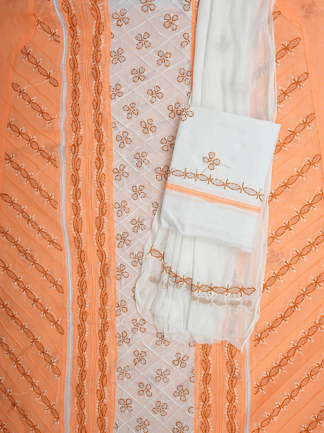 Ada Hand Embroidered Peach Cotton Lucknowi Chikankari Unstitched Suit Piece 01A913270