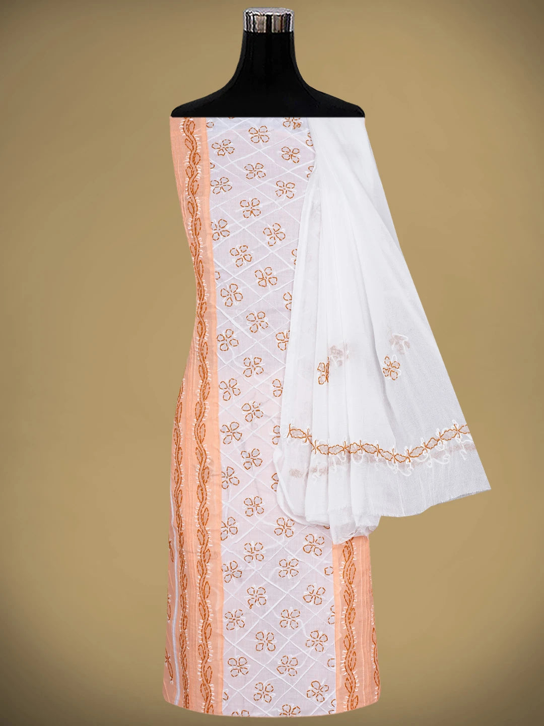 Ada Hand Embroidered Peach Cotton Lucknowi Chikankari Unstitched Suit Piece 01A913270
