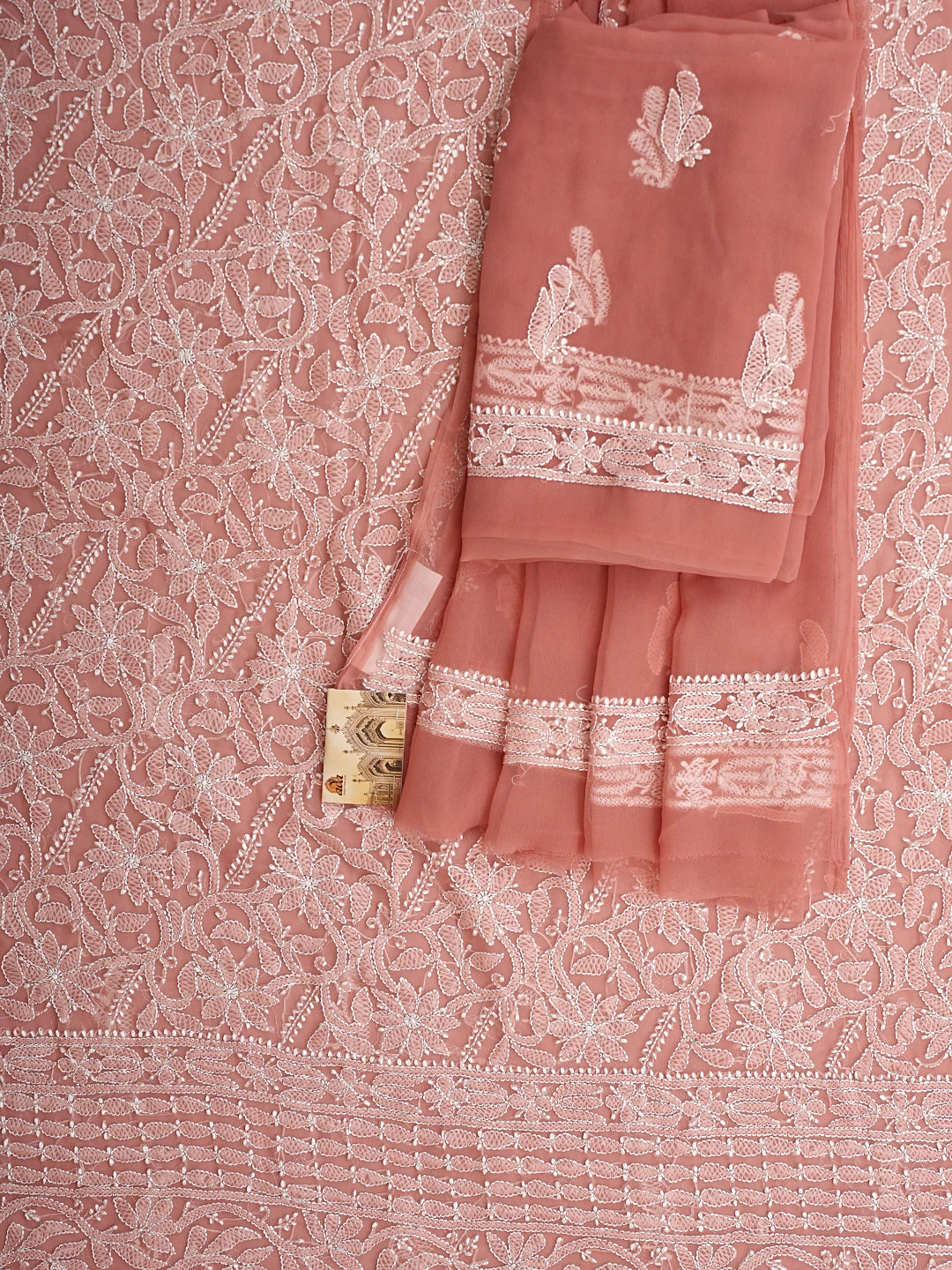 Ada Hand Embroidered Dusty Peach Georgette Lucknowi Chikankari Unstitched Suit Piece 01A916040