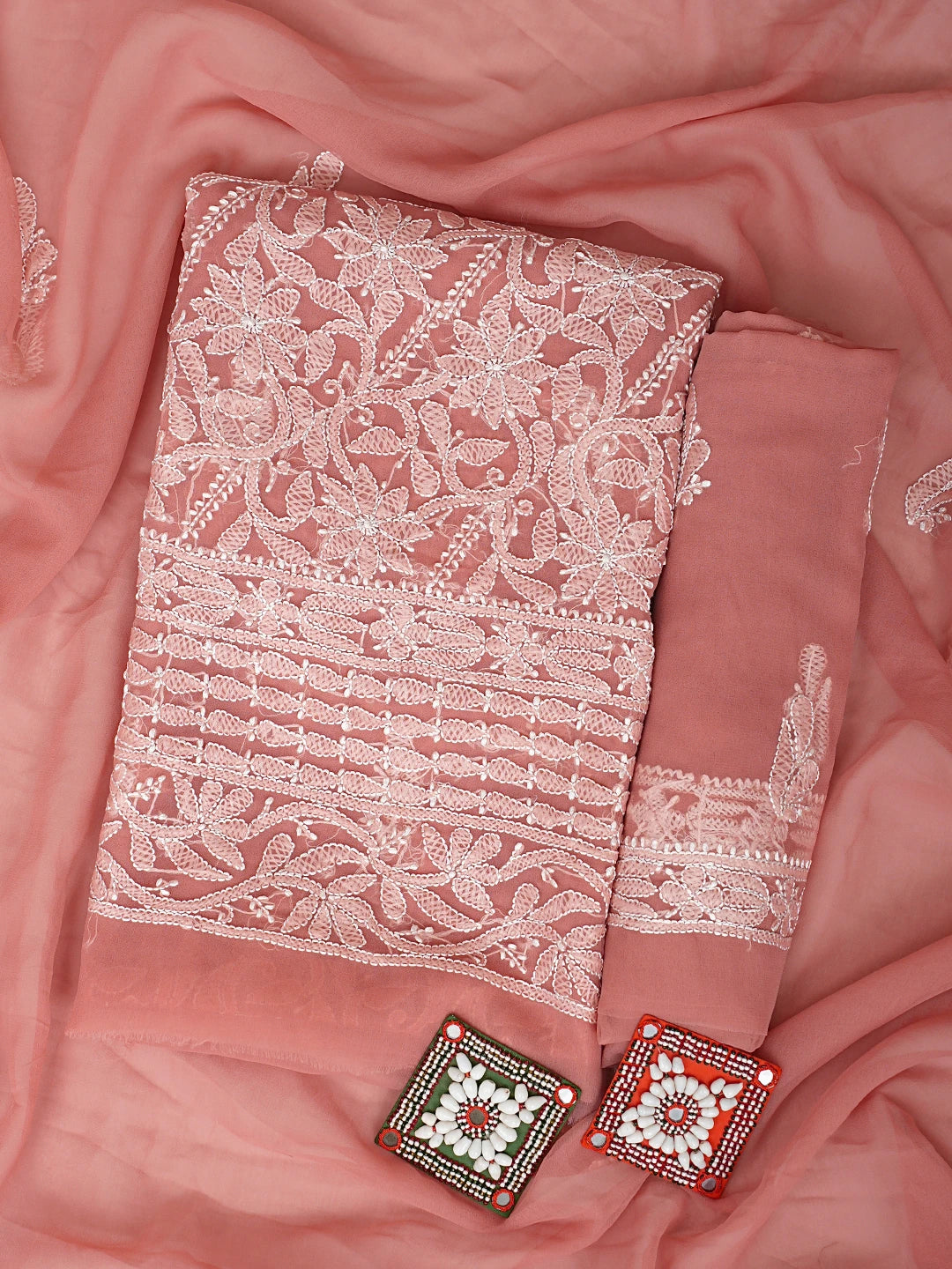 Ada Hand Embroidered Dusty Peach Georgette Lucknowi Chikankari Unstitched Suit Piece 01A916040