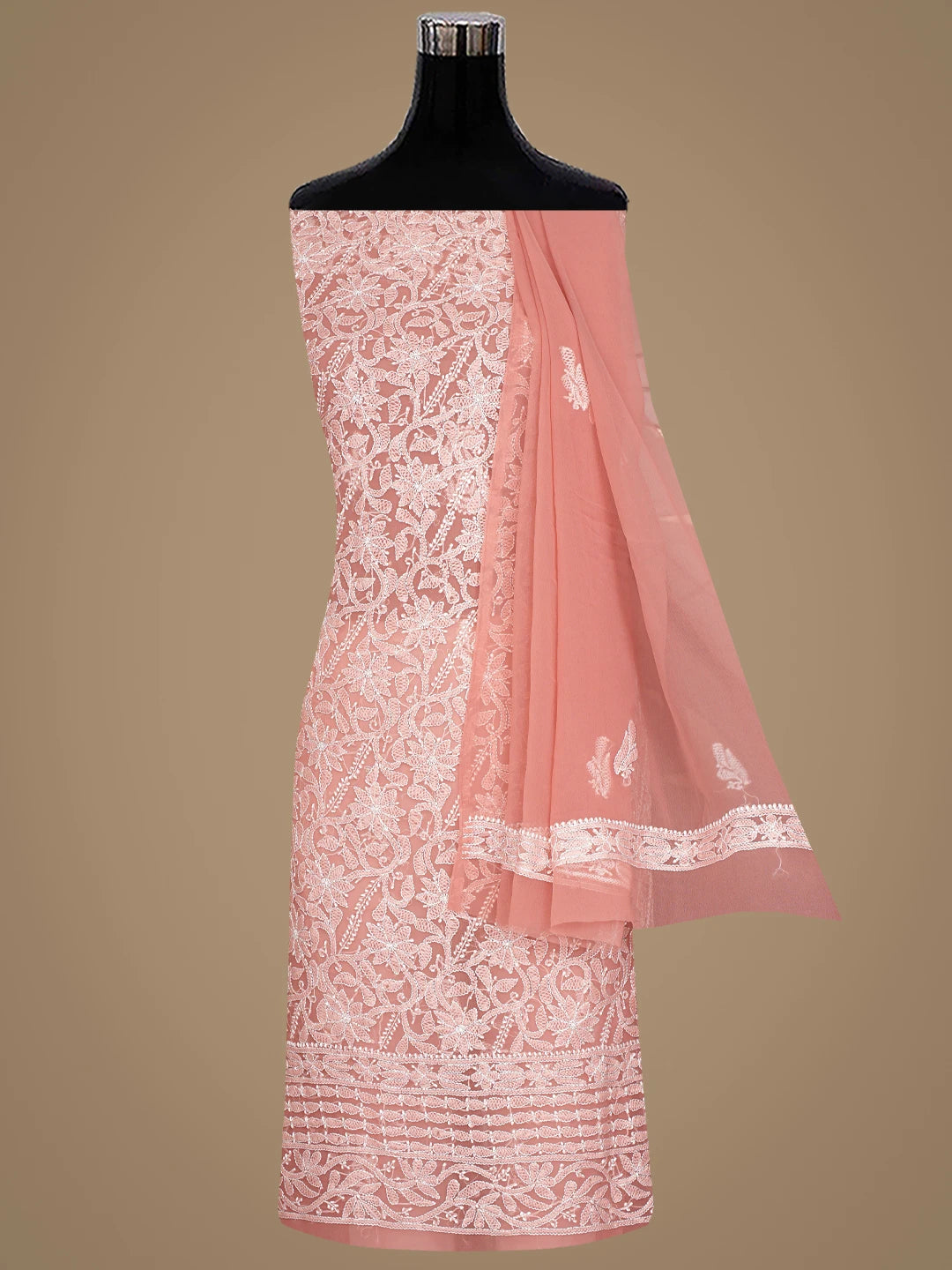 Ada Hand Embroidered Dusty Peach Georgette Lucknowi Chikankari Unstitched Suit Piece 01A916040