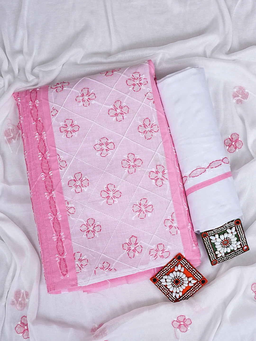 Ada Hand Embroidered Pink Cotton Lucknowi Chikankari Unstitched Suit Piece with Chiffon Dupatta 01A883324