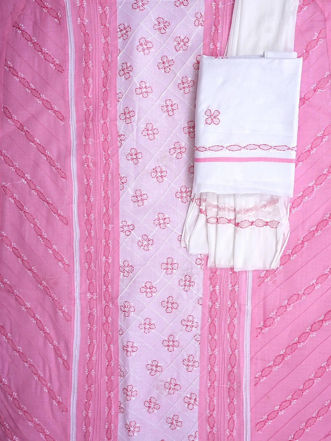 Ada Hand Embroidered Pink Cotton Lucknowi Chikankari Unstitched Suit Piece with Chiffon Dupatta 01A883324
