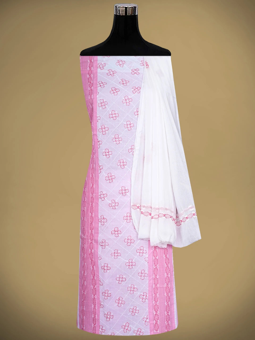 Ada Hand Embroidered Pink Cotton Lucknowi Chikankari Unstitched Suit Piece with Chiffon Dupatta 01A883324