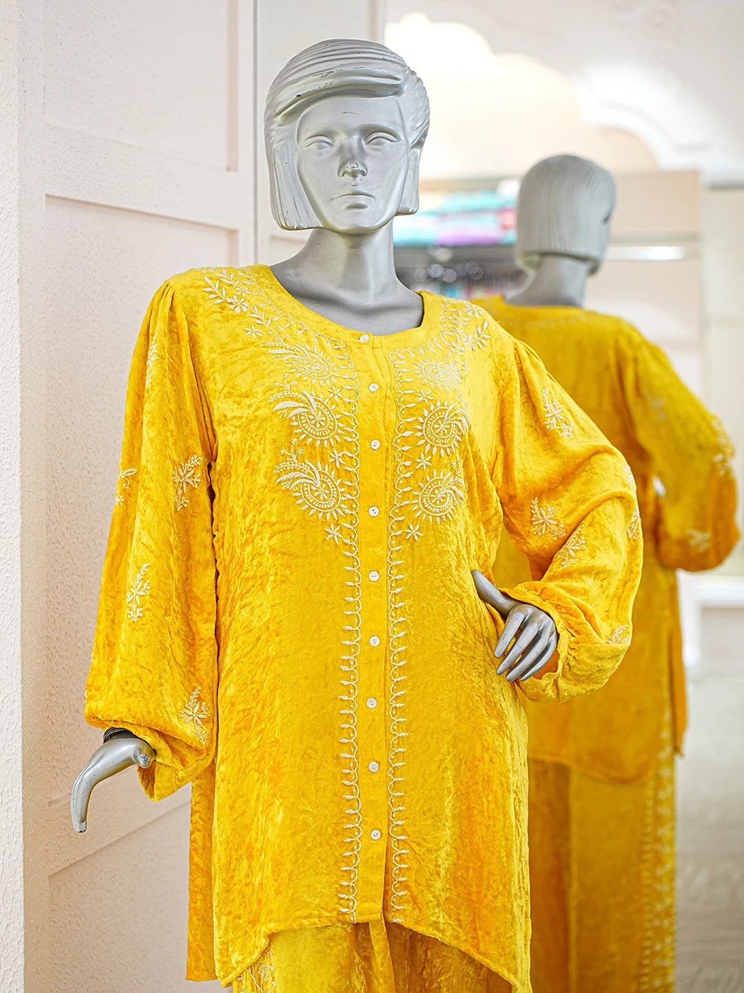 Ada Hand Embroidered Yellow Velvet Lucknowi Chikankari Stitched  Kurta Set 01A527017