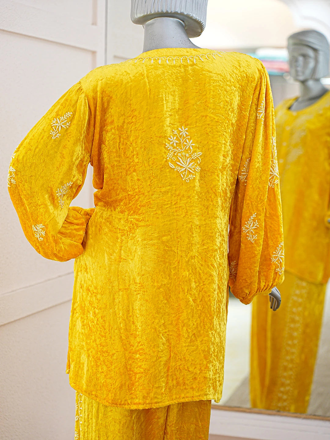 Ada Hand Embroidered Yellow Velvet Lucknowi Chikankari Stitched  Kurta Set 01A527017
