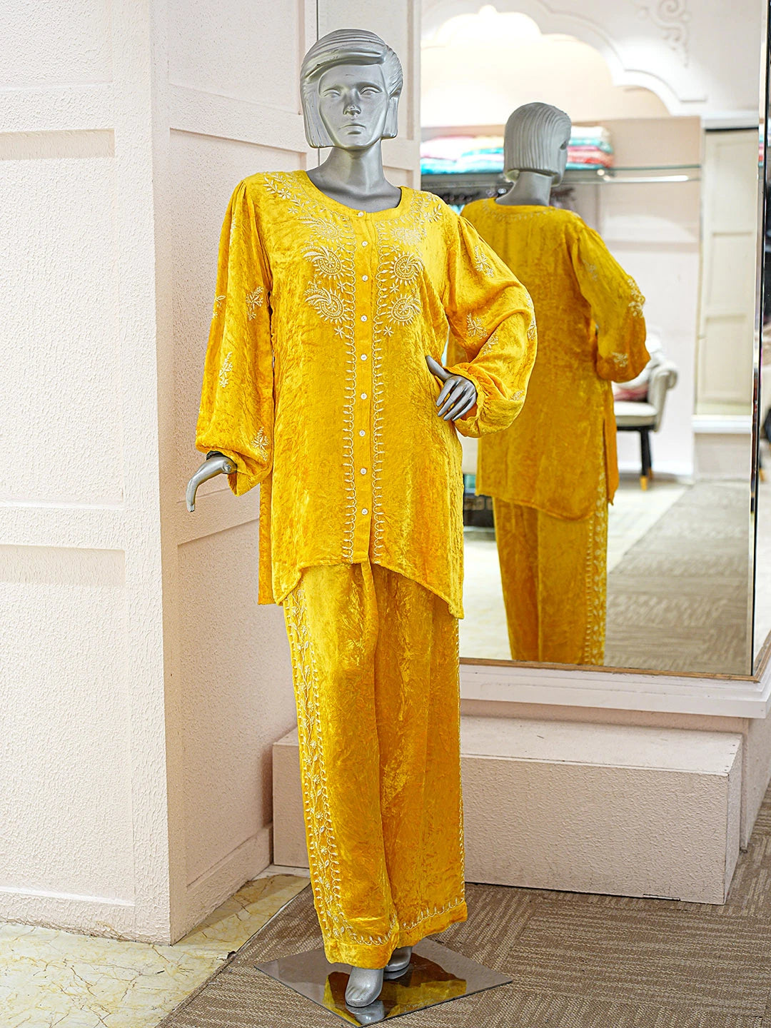 Ada Hand Embroidered Yellow Velvet Lucknowi Chikankari Stitched  Kurta Set 01A527017