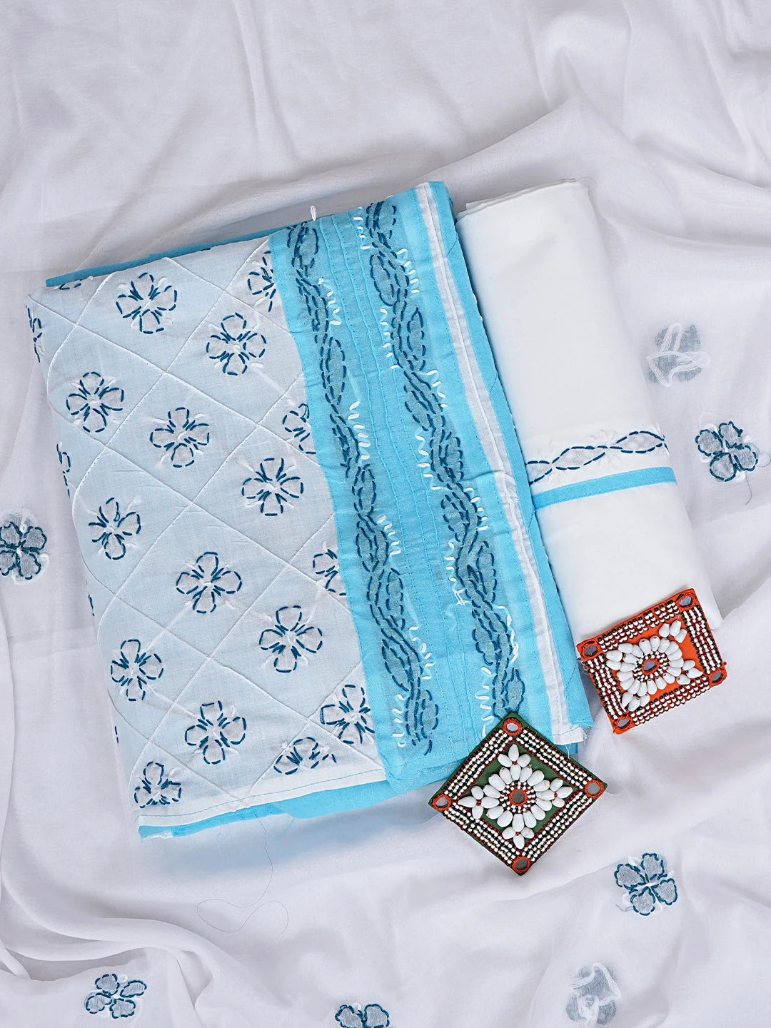 Ada Hand Embroidered Blue Cotton Lucknowi Chikankari Unstitched Suit Piece with Chiffon Dupatta 01A913266