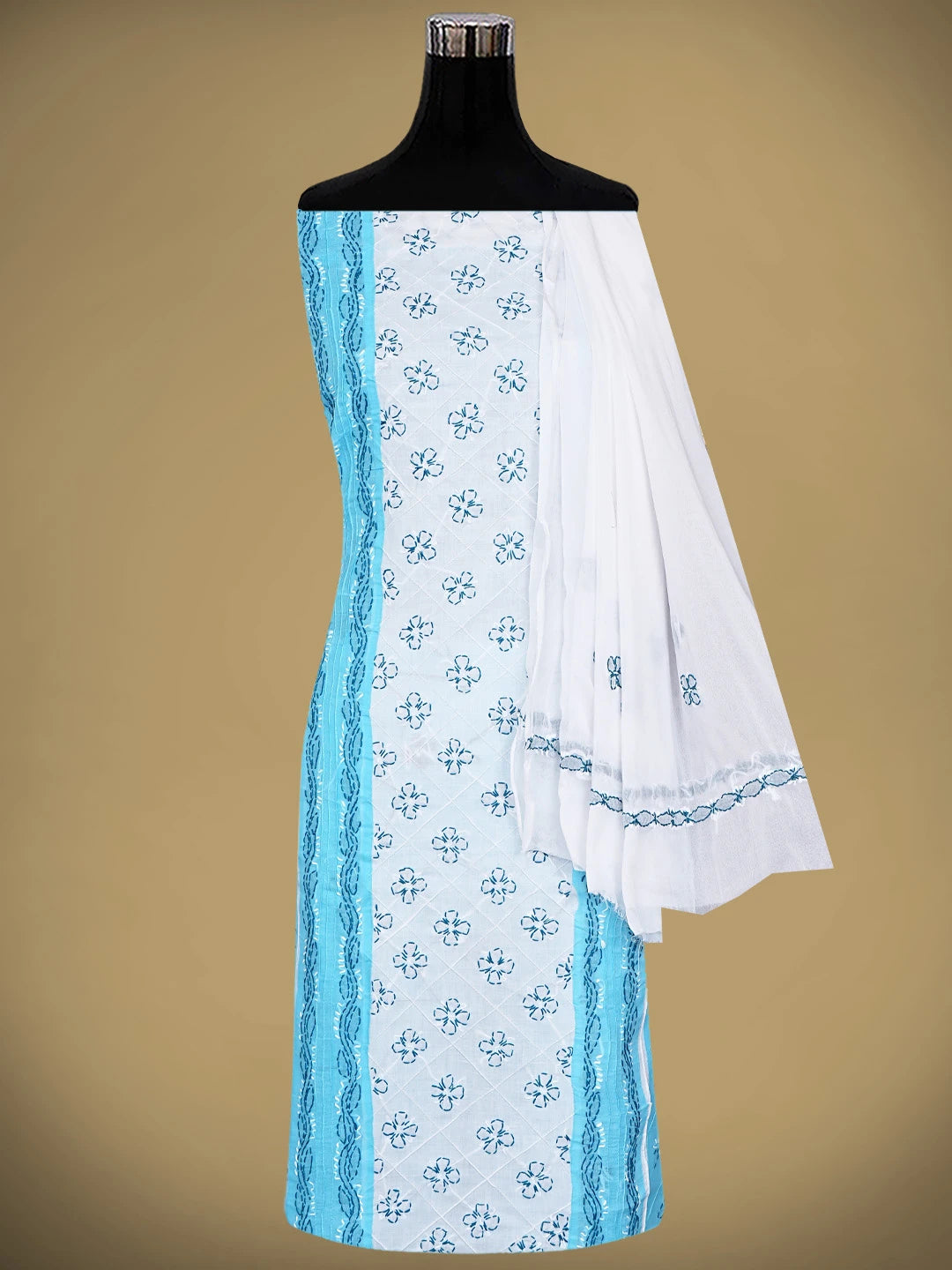 Ada Hand Embroidered Blue Cotton Lucknowi Chikankari Unstitched Suit Piece with Chiffon Dupatta 01A913266
