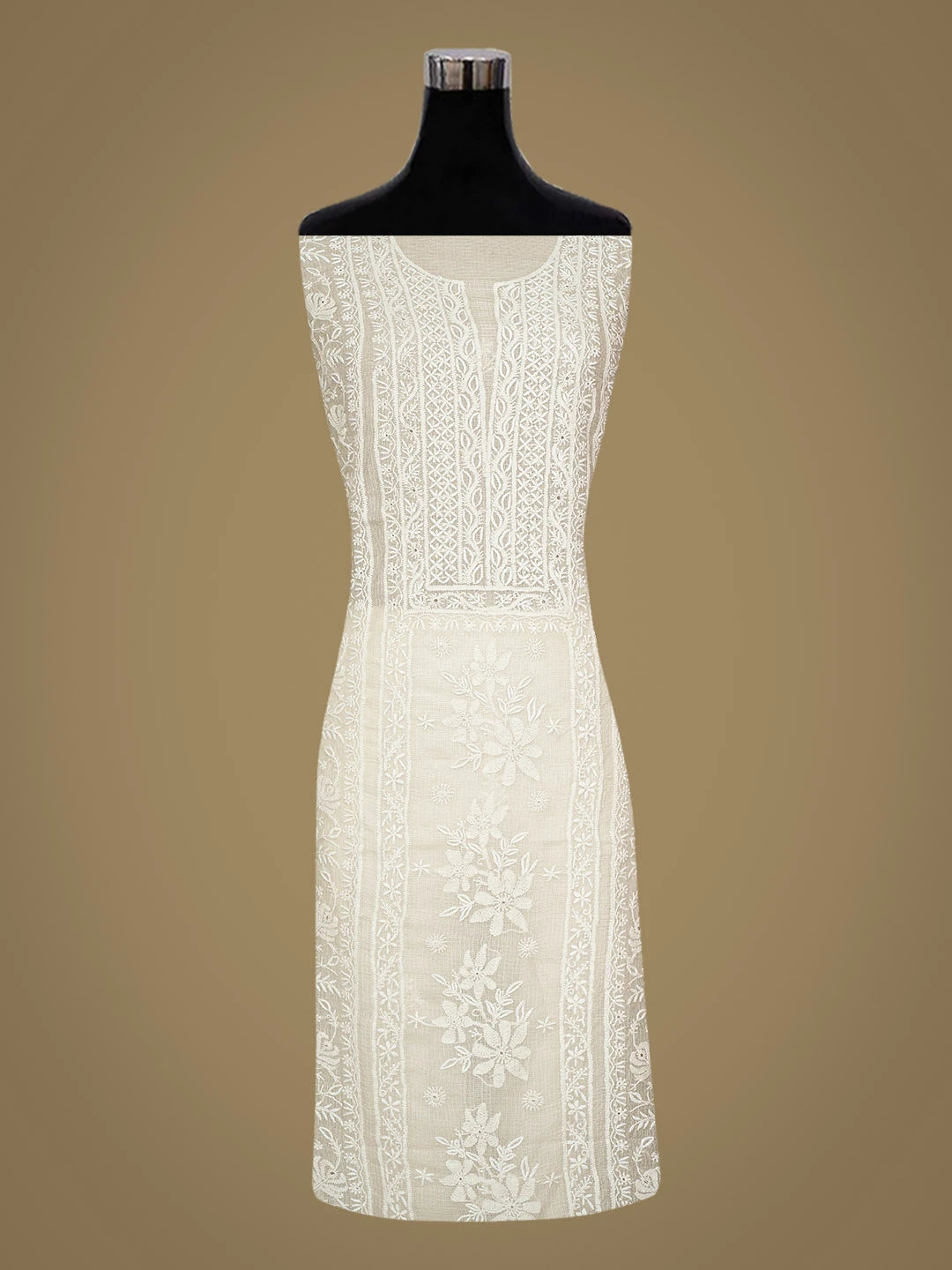 Ada Hand Embroidered Pearl Beige Kota Silk Lucknowi Chikankari Unstitched Kurta Dupatta Set 01A917838