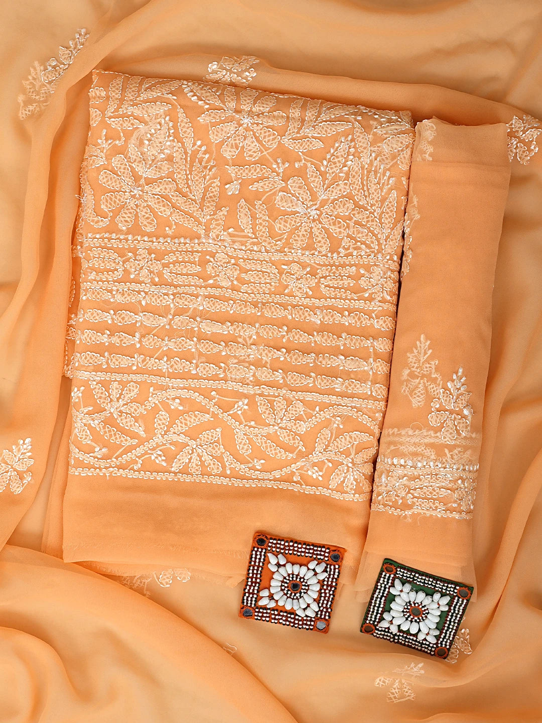 Ada Hand Embroidered Orange Georgette Lucknowi Chikankari Unstitched Suit Piece 01A916042