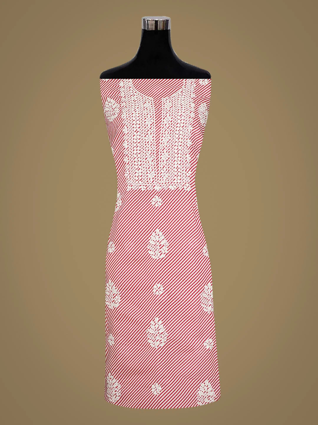 Ada Hand Embroidered Red Cotton Lucknowi Chikankari Unstitched Kurta Piece 01A892989